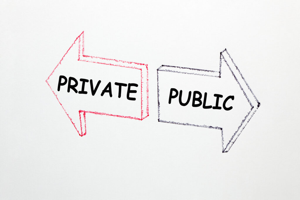two arrows pointing away from each other with the words "public" and "private" illustrating different markets