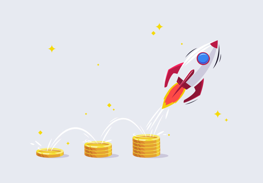 a rocket flying across stacks of coins to symbolize raising money for a startup