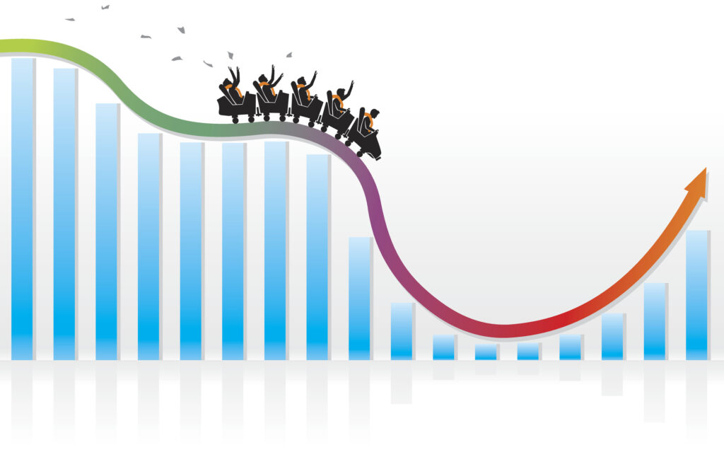 a bar graph with a cartoon rollercoaster, symbolizing a down round